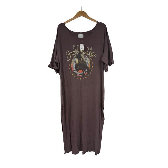 Free People x Vintage Souls Saddle Up Maxi Tee Dress Brown Size L Western NEW - Picture 1 of 7